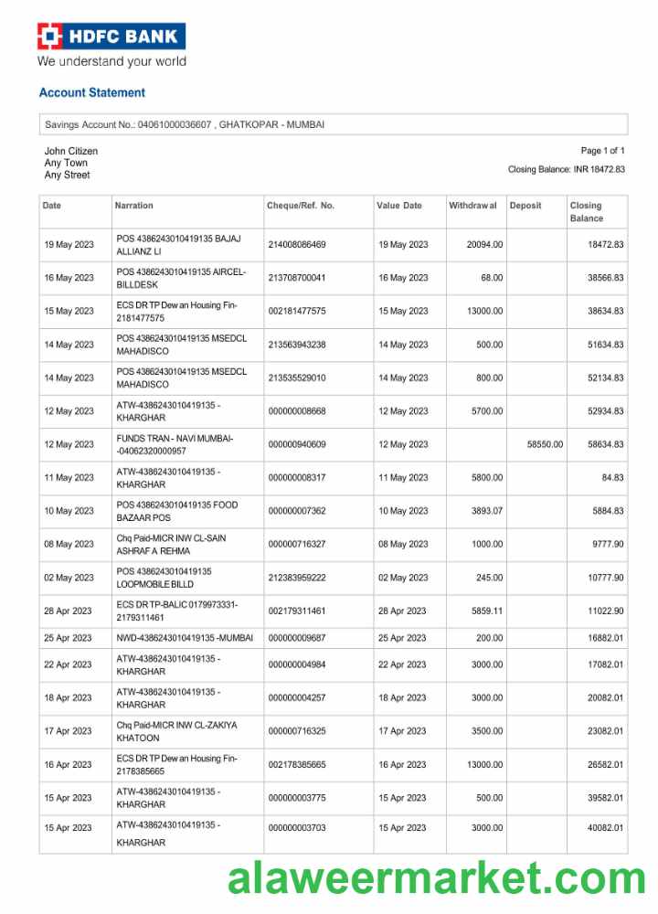 India HDFC Bank statement template, Word and PDF format